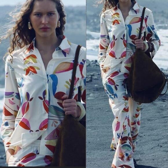 Zara Other - Zara Cream Printed Poplin Shirt and Wide Leg Pants Set Small